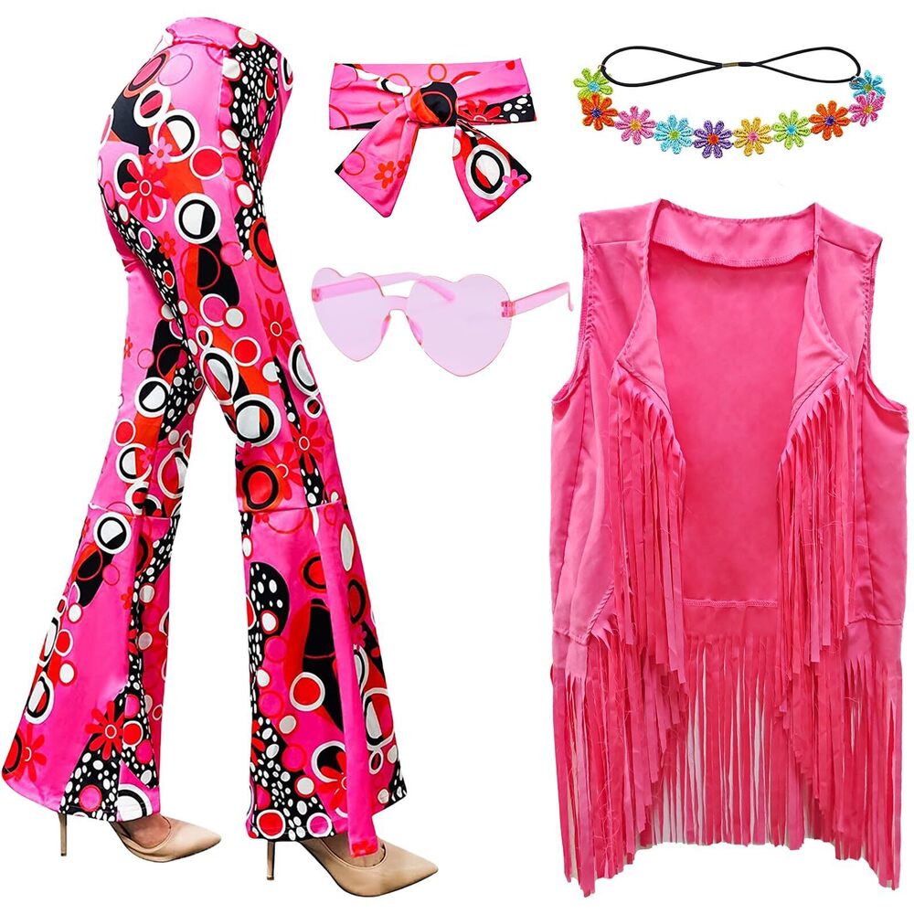 4686 6 Pcs 60s 70s Hippie Costume Disco Outfits Fringe Vest
